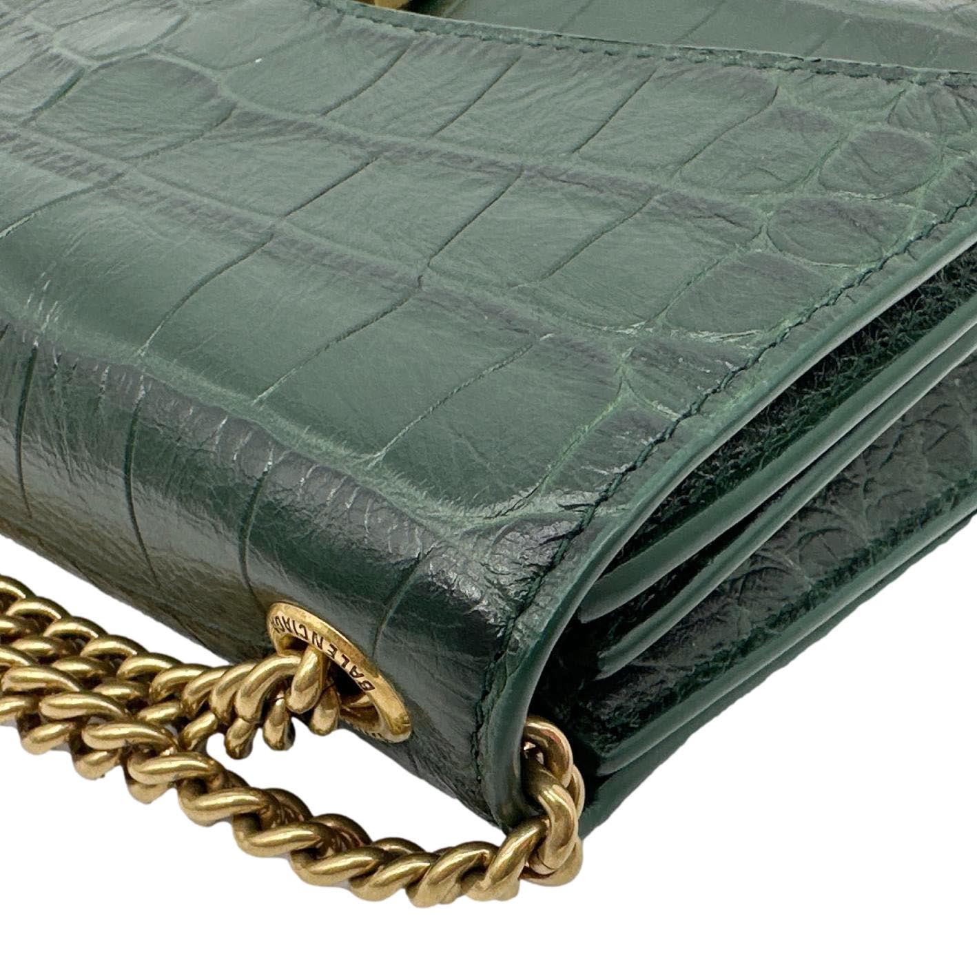 BALENCIAGA Crush Crocodile Embossed Leather Chain Crossbody Bag Green