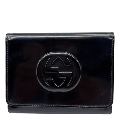 GUCCI Interlocking G Logo Vintage Patent Leather Compact Wallet Black