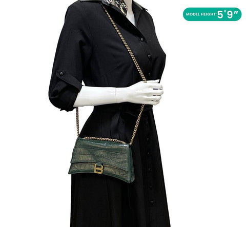 BALENCIAGA Crush Crocodile Embossed Leather Chain Crossbody Bag Green