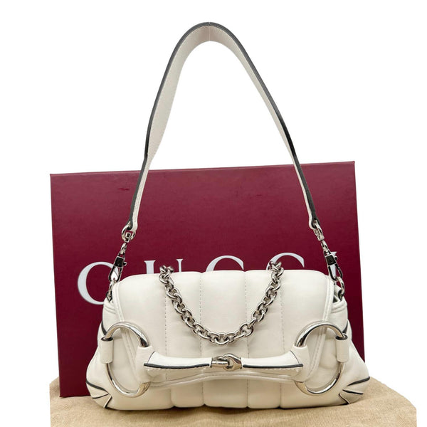 GUCCI Horsebit Quilted Lambskin Leather Chain Shoulder Bag White 764339