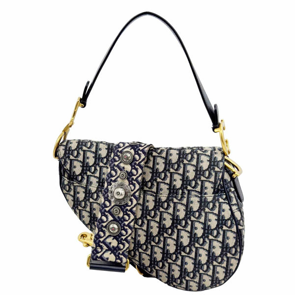 CHRISTIAN DIOR Saddle Oblique Jacquard Belt Crossbody Bag Navy Blue