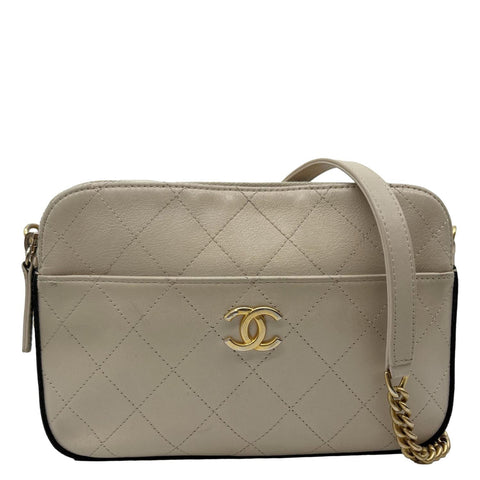 CHANEL Button Up Stitched Calfskin Leather Camera Crossbody Bag Beige