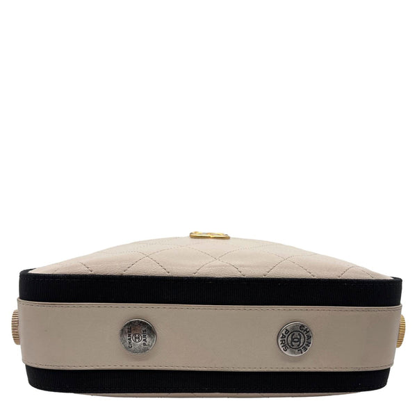 CHANEL Button Up Stitched Calfskin Leather Camera Crossbody Bag Beige