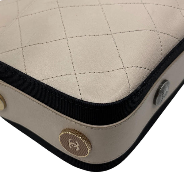 CHANEL Button Up Stitched Calfskin Leather Camera Crossbody Bag Beige
