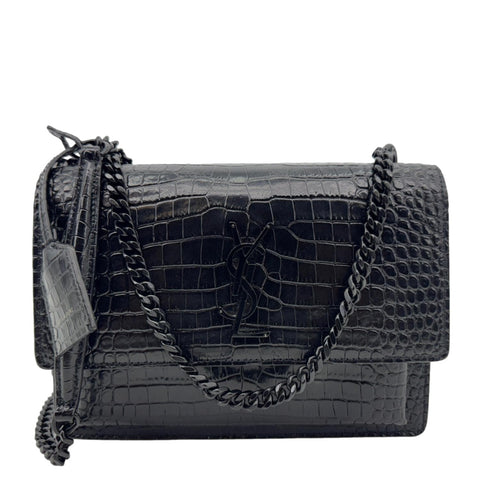 YVES SAINT LAURENT Monogram Sunset Medium Crocodile Embossed Leather Shoulder Bag Black