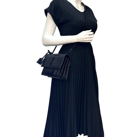 YVES SAINT LAURENT Monogram Sunset Medium Crocodile Embossed Leather Shoulder Bag Black