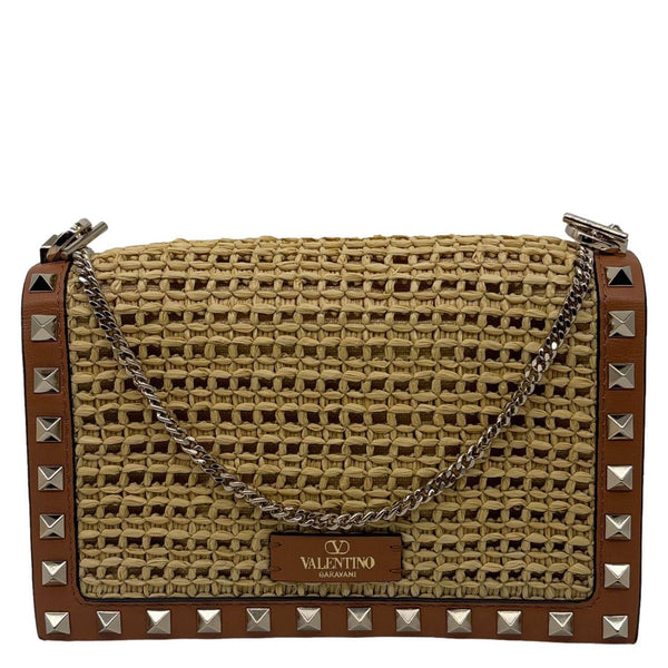 VALENTINO Garavani Rockstud Raffia Wallet On Chain Crossbody Bag Tan