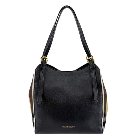 BURBERRY Canterbury Small House Check Derby Leather Tote Bag Black