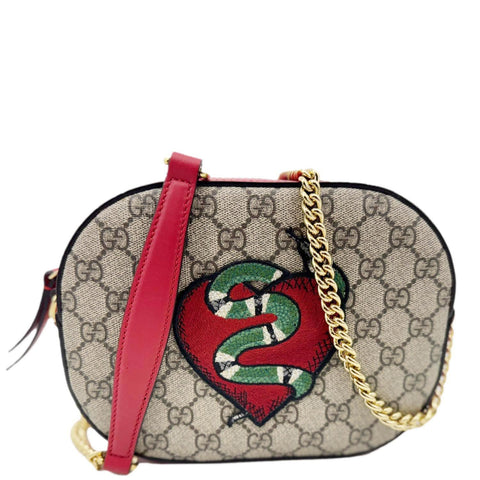 GUCCI Kingsnake Heart Mini GG Supreme Chain Crossbody Bag Red 409535