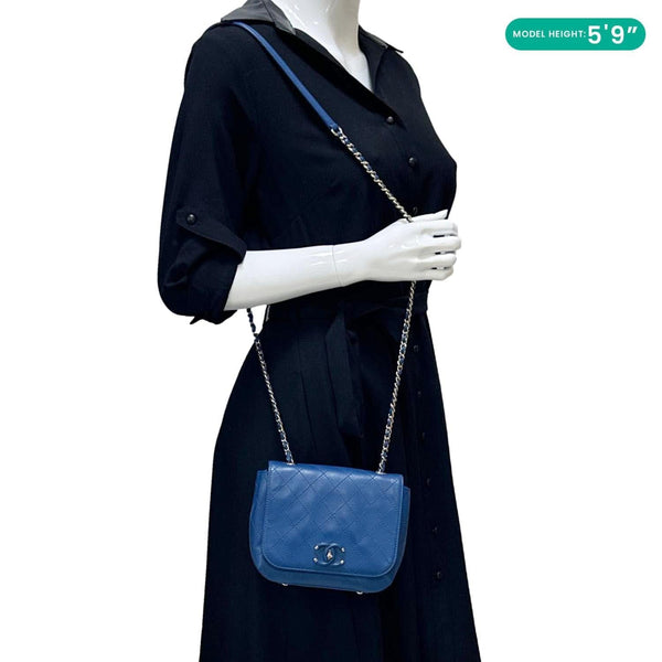 CHANEL Stitched Covered CC Flap Quilted Calfskin Leather Crossbody Bag Blue