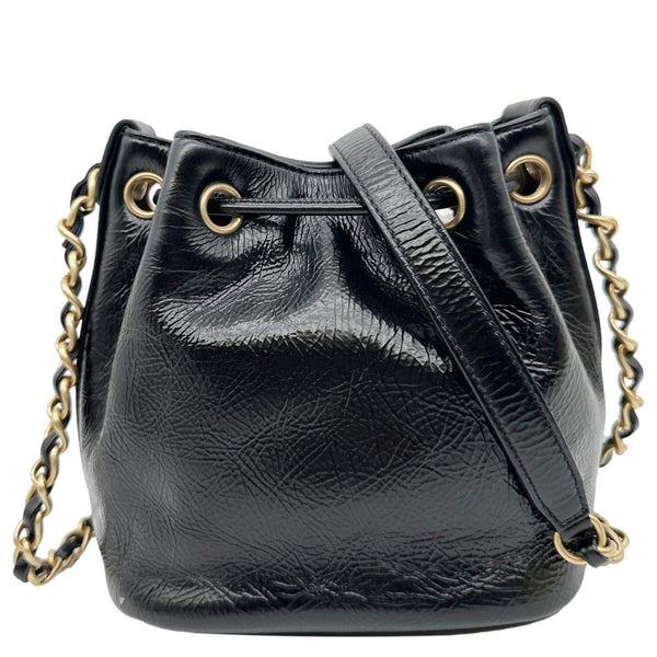 CHANEL Mini Drawstring Shiny Aged Calfskin Leather Bucket Bag Black