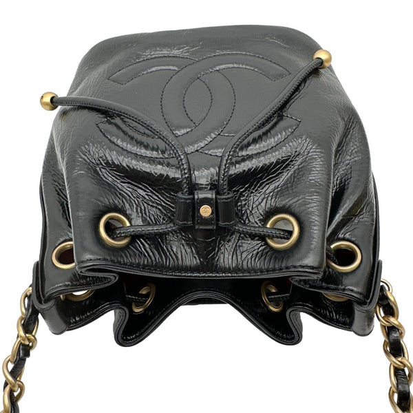 CHANEL Mini Drawstring Shiny Aged Calfskin Leather Bucket Bag Black