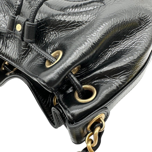 CHANEL Mini Drawstring Shiny Aged Calfskin Leather Bucket Bag Black