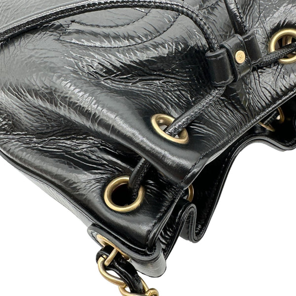 CHANEL Mini Drawstring Shiny Aged Calfskin Leather Bucket Bag Black
