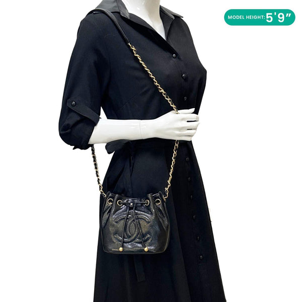 CHANEL Mini Drawstring Shiny Aged Calfskin Leather Bucket Bag Black