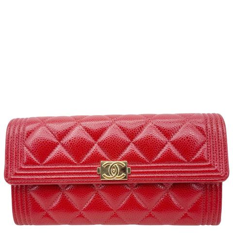 CHANEL Boy Flap Large Quilted Caviar Leather Wallet Red