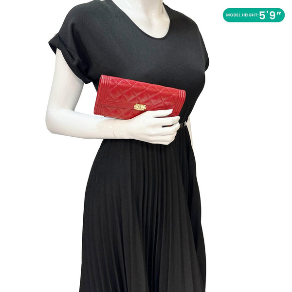 CHANEL Boy Flap Large Quilted Caviar Leather Wallet Red