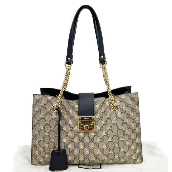 GUCCI Padlock Medium GG Supreme Monogram Bees Canvas Shoulder Bag Beige 479197