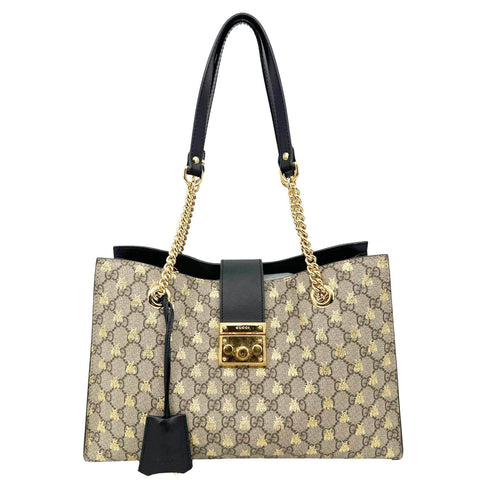 GUCCI Padlock Medium GG Supreme Monogram Bees Canvas Shoulder Bag Beige 479197