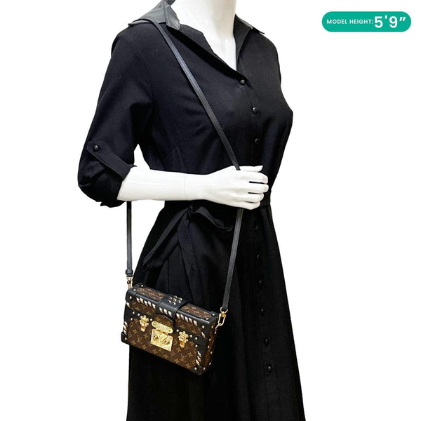 LOUIS VUITTON Studded Petite Malle Monogram Canvas Shoulder Bag Brown