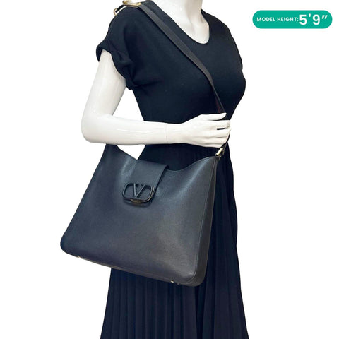 VALENTINO VSling Grainy Calfskin Leather Crossbody Hobo Bag Black