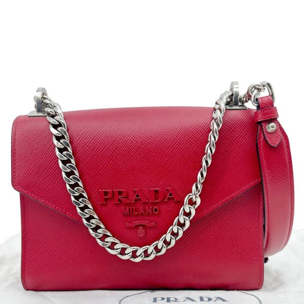 PRADA Monochrome Small Calfskin Saffiano Leather Chain Shoulder Bag Red