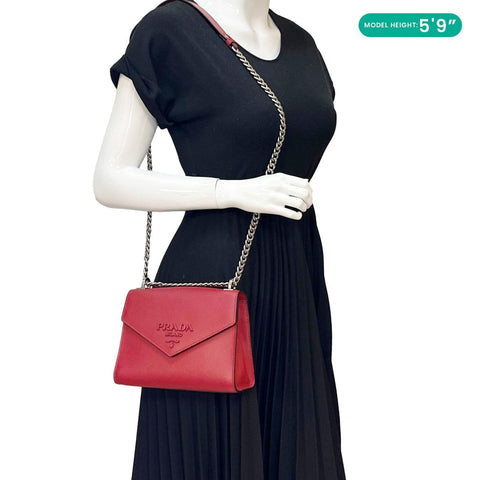 PRADA Monochrome Small Calfskin Saffiano Leather Chain Shoulder Bag Red