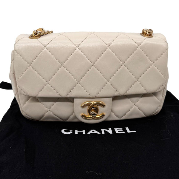 CHANEL Crystal Pearls Rectangular Flap Mini Quilted Leather Chain Crossbody Bag Cream