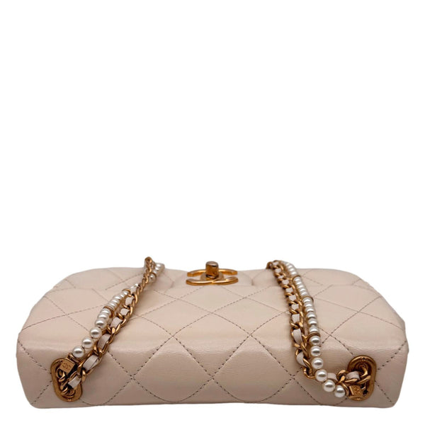 CHANEL Crystal Pearls Rectangular Flap Mini Quilted Leather Chain Crossbody Bag Cream