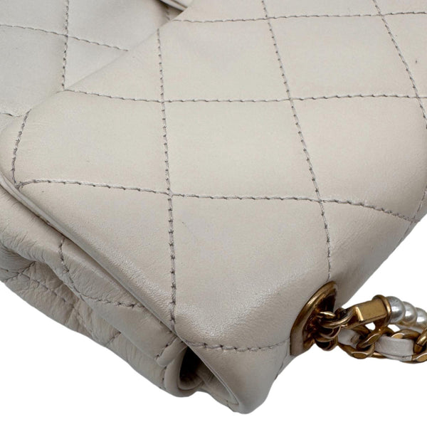 CHANEL Crystal Pearls Rectangular Flap Mini Quilted Leather Chain Crossbody Bag Cream