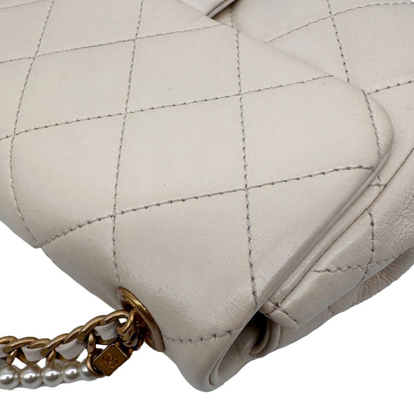 CHANEL Crystal Pearls Rectangular Flap Mini Quilted Leather Chain Crossbody Bag Cream