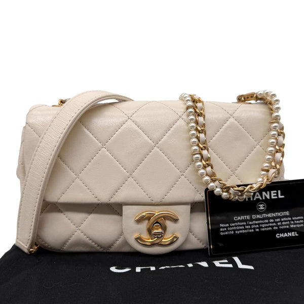 CHANEL Crystal Pearls Rectangular Flap Mini Quilted Leather Chain Crossbody Bag Cream