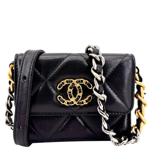 CHANEL 19 Flap Coin Purse Quilted Leather Chain Shoulder Bag Black