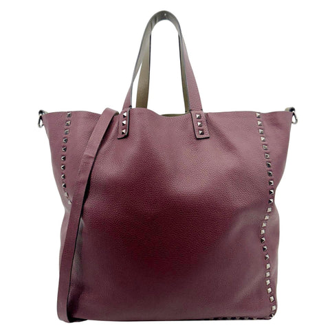 VALENTINO Rockstud Reversible Leather Tote Bag Burgundy