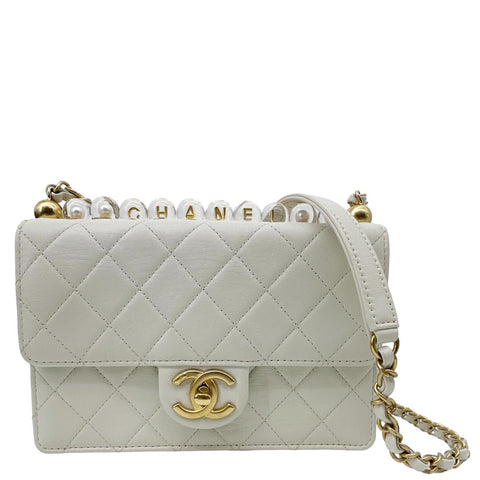CHANEL Chic Pearls Flap Quilted Leather Shoulder Bag Off White
