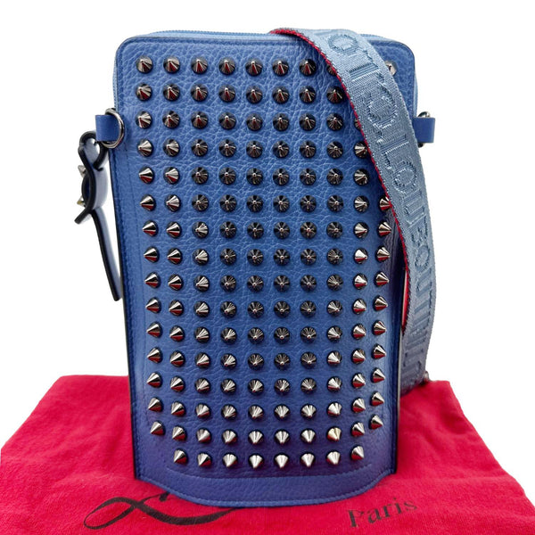 CHRISTIAN LOUBOUTIN Loubilab Spikes Empire Calfskin Leather Clutch Crossbody Bag Blue