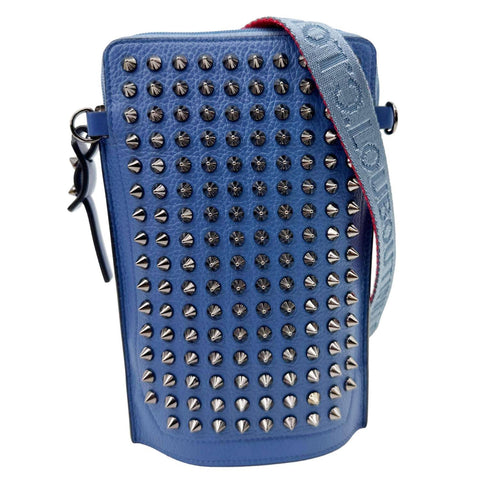 CHRISTIAN LOUBOUTIN Loubilab Spikes Empire Calfskin Leather Clutch Crossbody Bag Blue