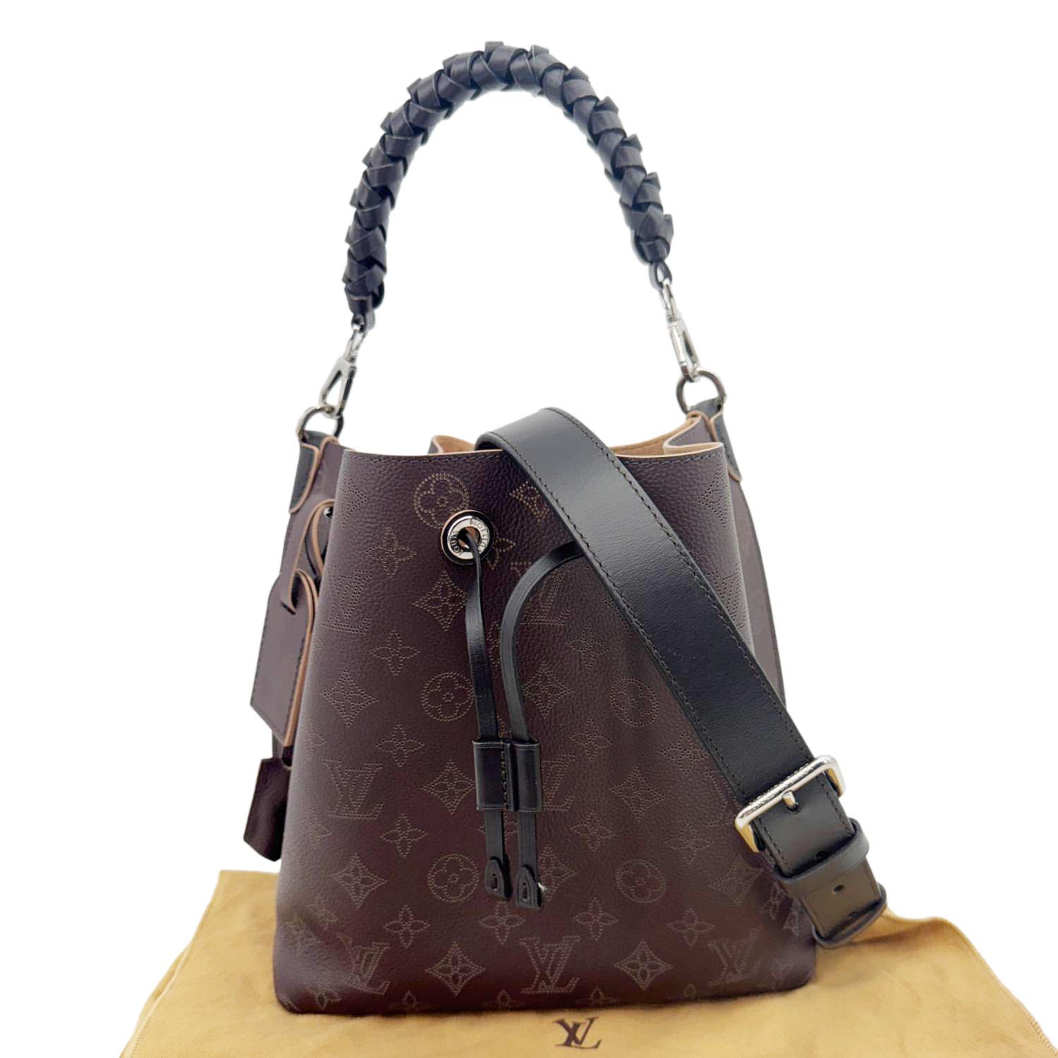 LOUIS VUITTON Muria Mahina Perforated Leather Shoulder Bucket Bag Burg