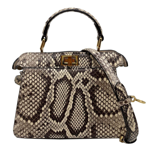 FENDI Peekaboo ISeeU Petite Python Nappa Leather Satchel Crossbody Bag Beige