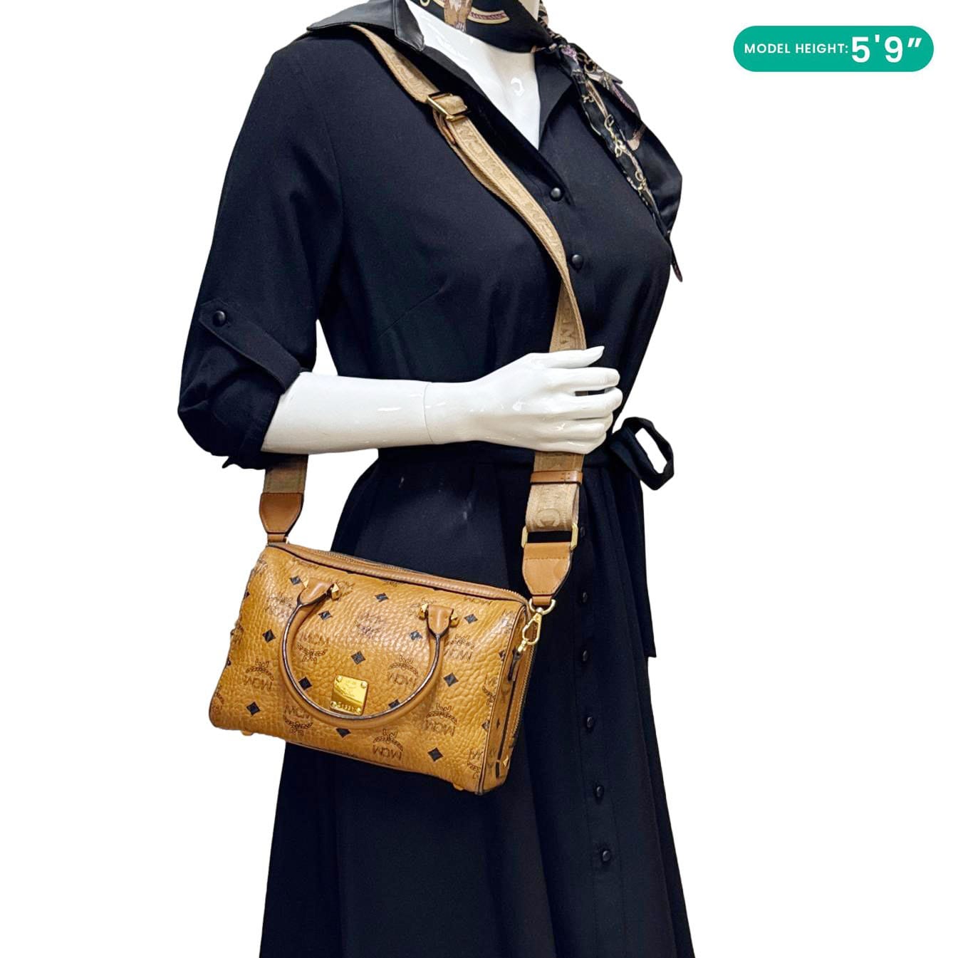 MCM Visetos Signature Leather Boston Bag Cognac