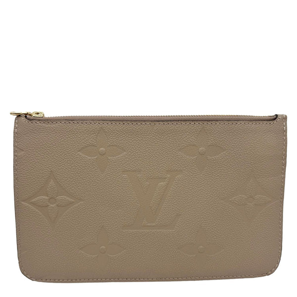 LOUIS VUITTON Neverfull Pochette Giant Monogram Empreinte Leather Wristlet Beige