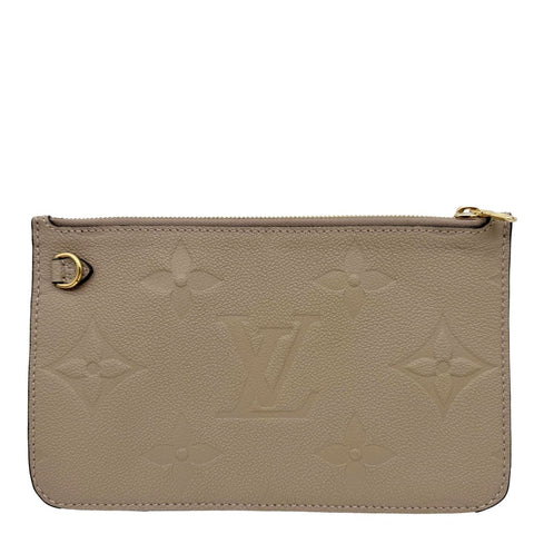 LOUIS VUITTON Neverfull Pochette Giant Monogram Empreinte Leather Wristlet Beige
