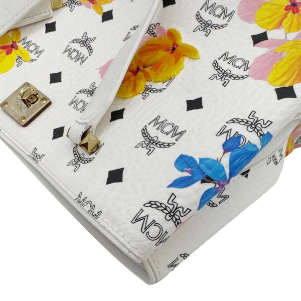 MCM Floral Visetos Canvas Leather Tote White