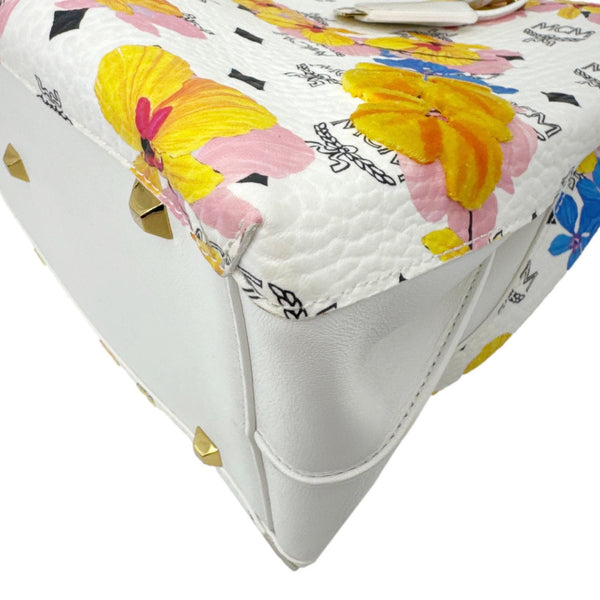 MCM Floral Visetos Canvas Leather Tote White
