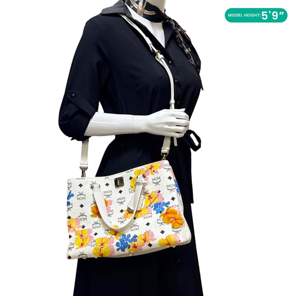 MCM Floral Visetos Canvas Leather Tote White