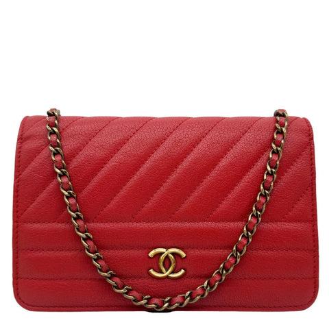 CHANEL CC Diagonal Goatskin Leather Wallet On Chain Red