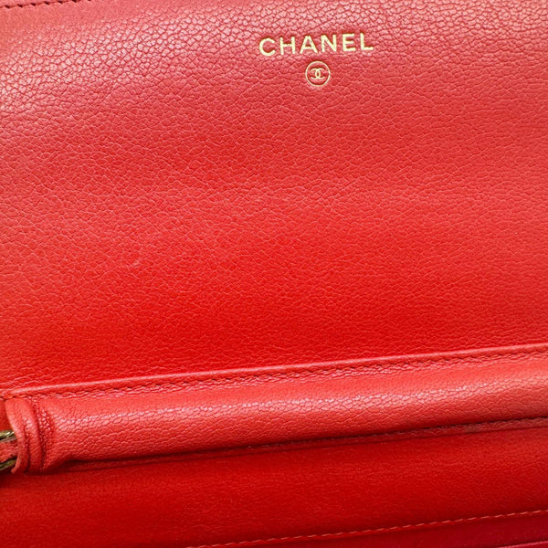 CHANEL CC Diagonal Goatskin Leather Wallet On Chain Red