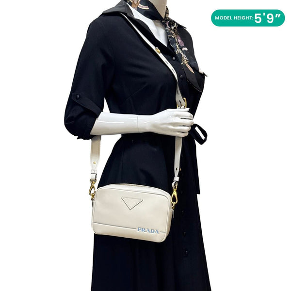 PRADA Mirage Leather Camera Crossbody Bag Off White