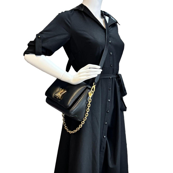 LOUIS VUITTON Twist MM Shiny Lambskin Leather Shoulder Bag Black