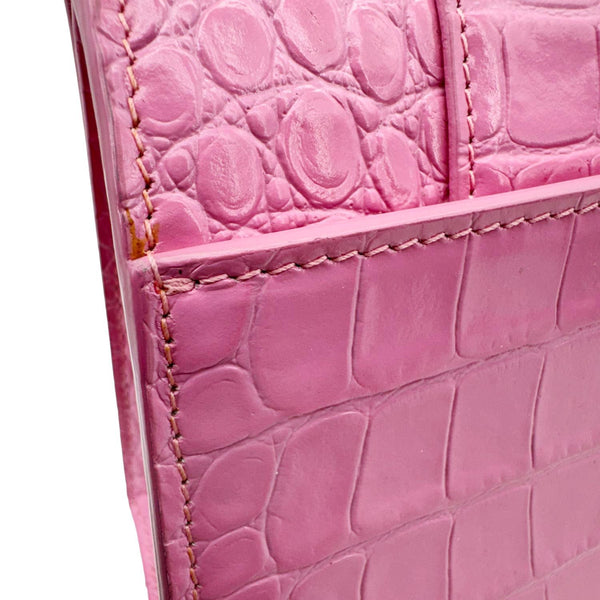 BALENCIAGA Hourglass Crocodile Embossed Leather Top Handle Shoulder Bag Pink